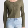 Albertina Women's Ribbed Long-Sleeve Button-Up Top, Olive Green - KT0205H