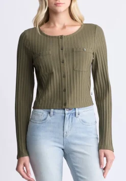Albertina Women's Ribbed Long-Sleeve Button-Up Top, Olive Green - KT0205H