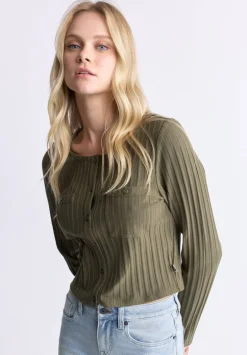 Albertina Women's Ribbed Long-Sleeve Button-Up Top, Olive Green - KT0205H