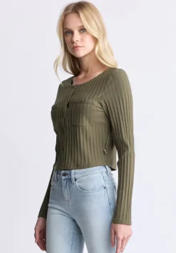 Albertina Women's Ribbed Long-Sleeve Button-Up Top, Olive Green - KT0205H