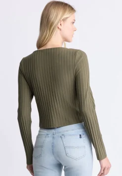 Albertina Women's Ribbed Long-Sleeve Button-Up Top, Olive Green - KT0205H
