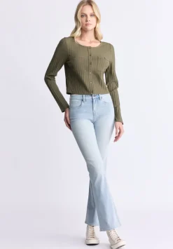 Albertina Women's Ribbed Long-Sleeve Button-Up Top, Olive Green - KT0205H