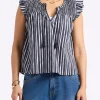 Alda Women's Vertical Stripe Sleeveless Ruffle Top with Smocked Yoke, Indigo - WT0157P