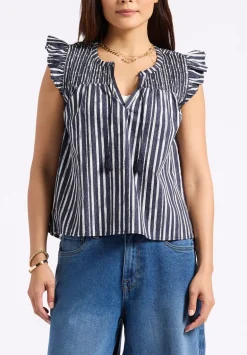 Alda Women's Vertical Stripe Sleeveless Ruffle Top with Smocked Yoke, Indigo - WT0157P