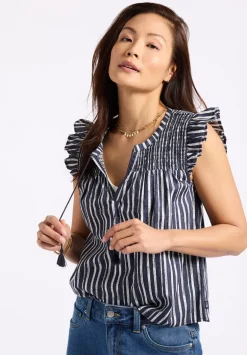 Alda Women's Vertical Stripe Sleeveless Ruffle Top with Smocked Yoke, Indigo - WT0157P