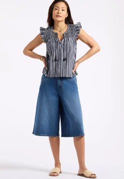 Alda Women's Vertical Stripe Sleeveless Ruffle Top with Smocked Yoke, Indigo - WT0157P