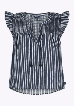 Alda Women's Vertical Stripe Sleeveless Ruffle Top with Smocked Yoke, Indigo - WT0157P
