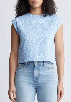 Amandine Women's Cap-Sleeve Crop Top, Blue with White Flowers - KT0148S