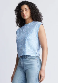 Amandine Women's Cap-Sleeve Crop Top, Blue with White Flowers - KT0148S