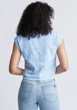 Amandine Women's Cap-Sleeve Crop Top, Blue with White Flowers - KT0148S