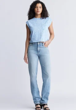 Amandine Women's Cap-Sleeve Crop Top, Blue with White Flowers - KT0148S