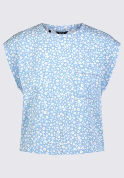 Amandine Women's Cap-Sleeve Crop Top, Blue with White Flowers - KT0148S