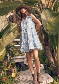 Ambra Women's Dress with Ruffles, Blue Flowers - WD0046S