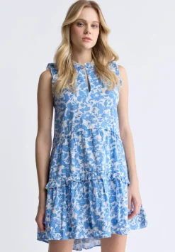 Ambra Women's Dress with Ruffles, Blue Flowers - WD0046S