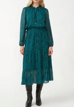 Aviva Women's long Sleeves Tie Neck Tiered Dress, Fall Floral Green - WD0016F
