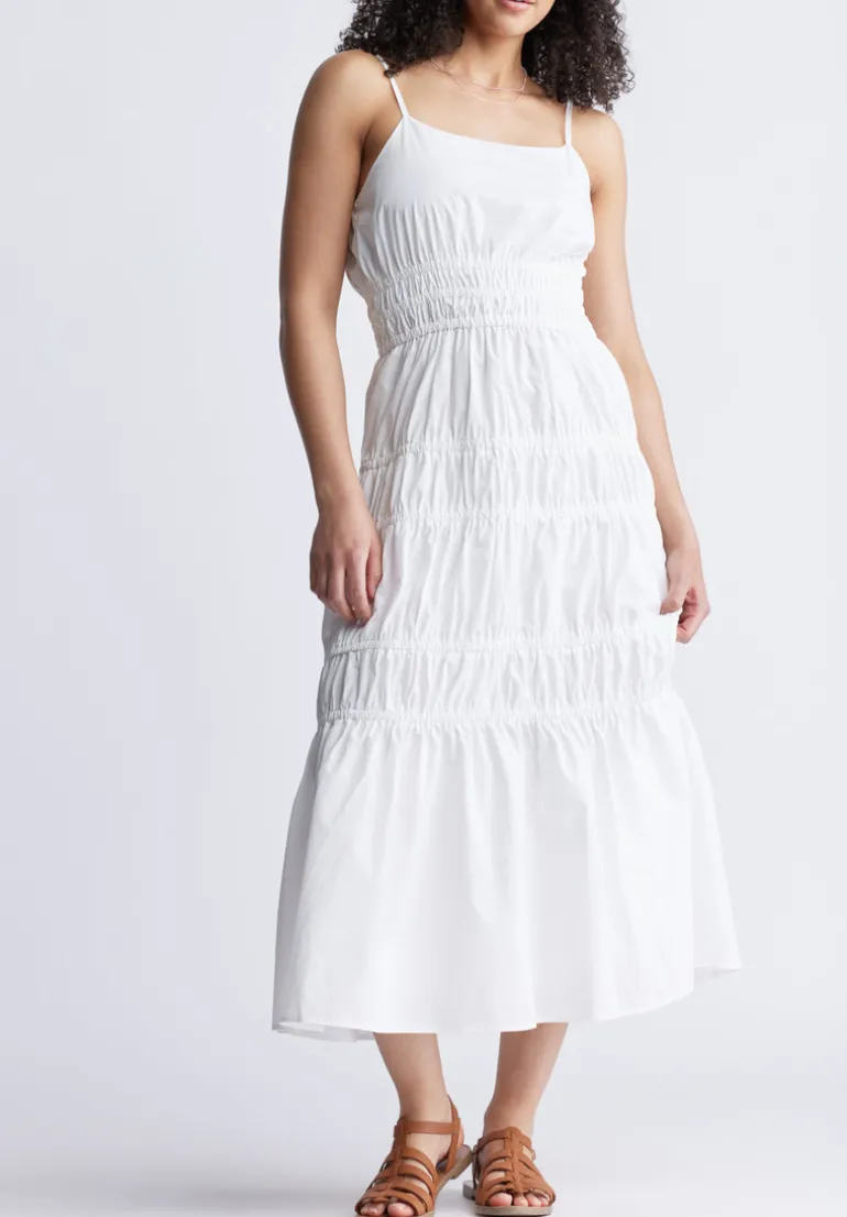 Balia Women's Long Ruched Tiered Dress, White - WD0047S