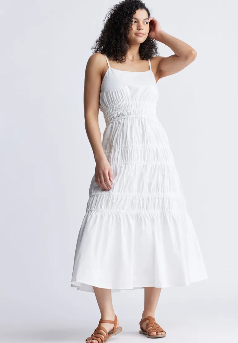 Balia Women's Long Ruched Tiered Dress, White - WD0047S