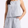 Benedita Women's Striped Sleeveless Linen Top, White & Navy - WT0198P