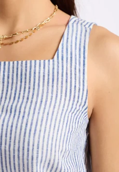 Benedita Women's Striped Sleeveless Linen Top, White & Navy - WT0198P