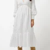 Bergen Women's Long Puff Sleeves V-Neck Tiered Dress, White - WD0672P