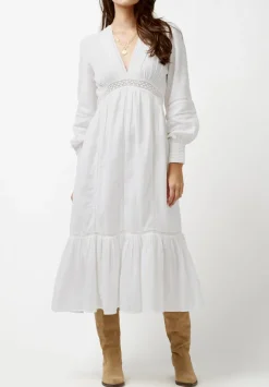 Bergen Women's Long Puff Sleeves V-Neck Tiered Dress, White - WD0672P