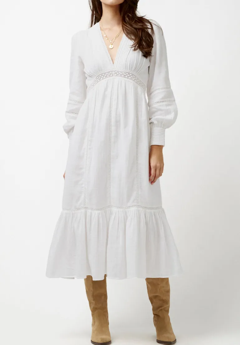 Bergen Women's Long Puff Sleeves V-Neck Tiered Dress, White - WD0672P