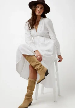 Bergen Women's Long Puff Sleeves V-Neck Tiered Dress, White - WD0672P