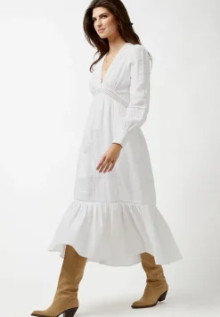 Bergen Women's Long Puff Sleeves V-Neck Tiered Dress, White - WD0672P