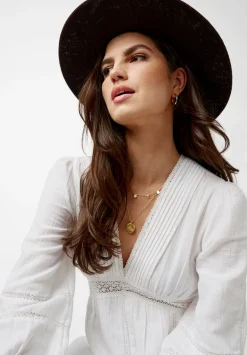 Bergen Women's Long Puff Sleeves V-Neck Tiered Dress, White - WD0672P