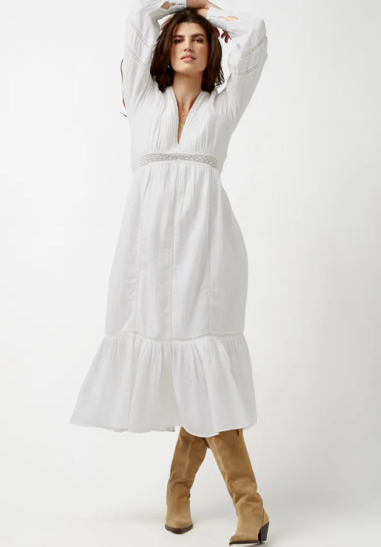 Bergen Women's Long Puff Sleeves V-Neck Tiered Dress, White - WD0672P