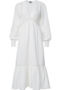 Bergen Women's Long Puff Sleeves V-Neck Tiered Dress, White - WD0672P