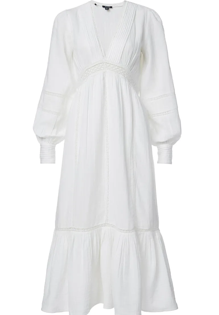 Bergen Women's Long Puff Sleeves V-Neck Tiered Dress, White - WD0672P