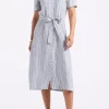 Carlene Women's Striped Button-Down Midi Dress with Waist Tie, Navy - WD0105P