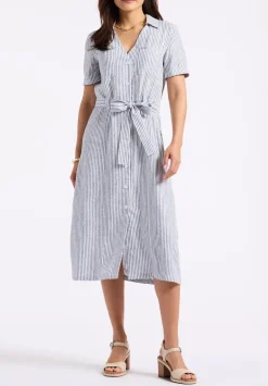 Carlene Women's Striped Button-Down Midi Dress with Waist Tie, Navy - WD0105P