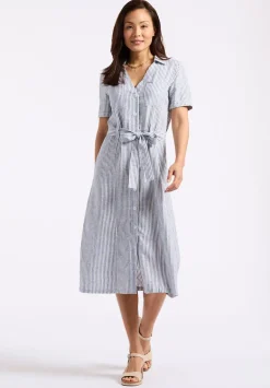Carlene Women's Striped Button-Down Midi Dress with Waist Tie, Navy - WD0105P