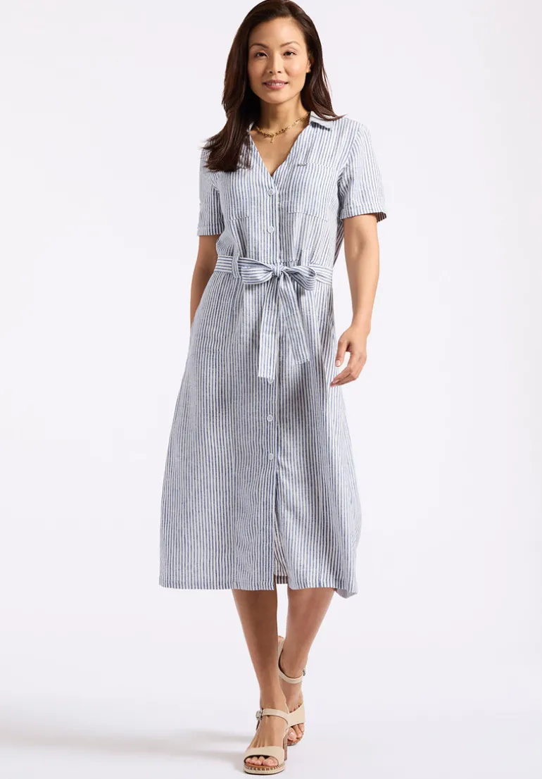 Carlene Women's Striped Button-Down Midi Dress with Waist Tie, Navy - WD0105P