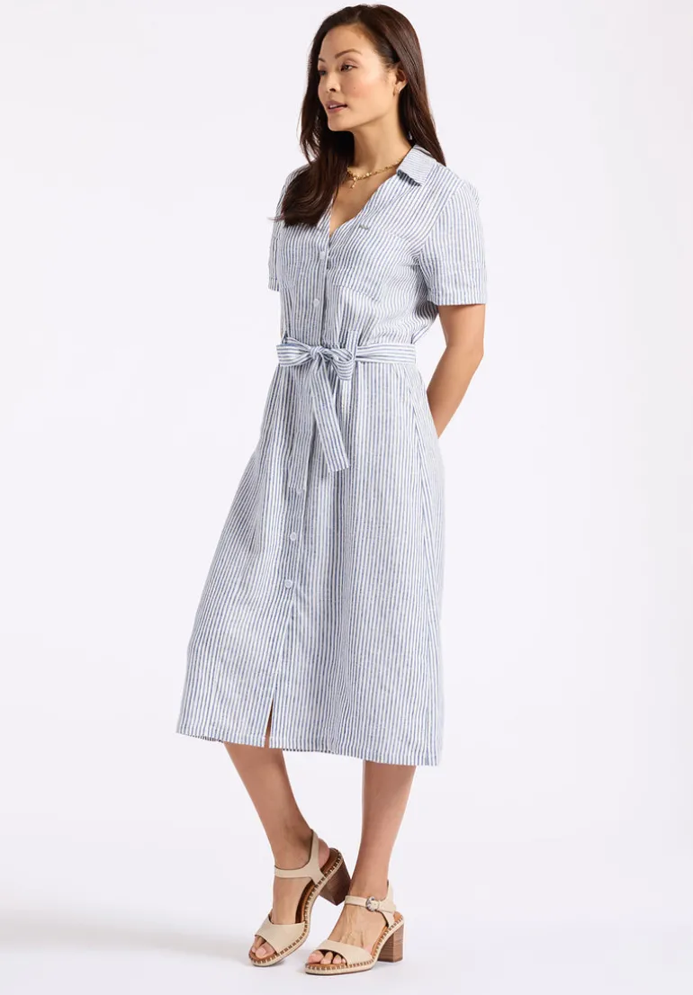 Carlene Women's Striped Button-Down Midi Dress with Waist Tie, Navy - WD0105P