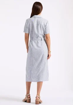 Carlene Women's Striped Button-Down Midi Dress with Waist Tie, Navy - WD0105P