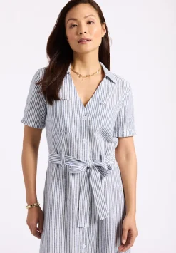 Carlene Women's Striped Button-Down Midi Dress with Waist Tie, Navy - WD0105P