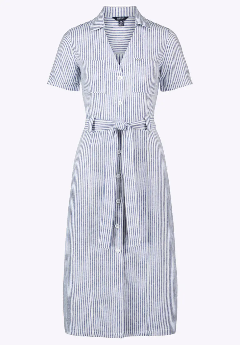 Carlene Women's Striped Button-Down Midi Dress with Waist Tie, Navy - WD0105P