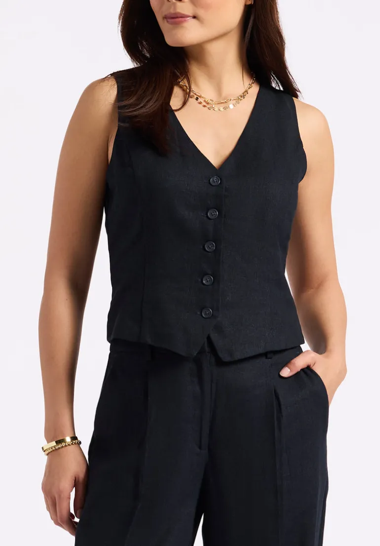 Coraline Women's Linen Button-Up Vest, Black - WT0173P