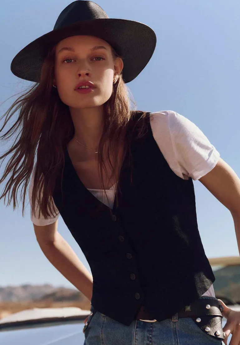 Coraline Women's Linen Button-Up Vest, Black - WT0173P