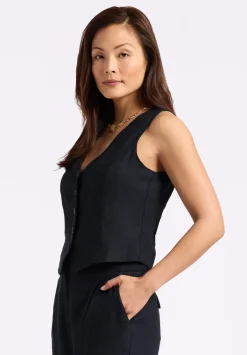 Coraline Women's Linen Button-Up Vest, Black - WT0173P