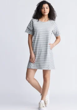Delfina Women's Striped T-Shirt Dress, Grey & White - KD0006S