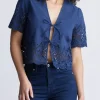 Dolly Women's Short-Sleeve Tie Front Crop Blouse, Navy - WT0104S