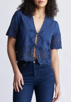 Dolly Women's Short-Sleeve Tie Front Crop Blouse, Navy - WT0104S