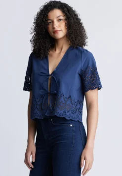 Dolly Women's Short-Sleeve Tie Front Crop Blouse, Navy - WT0104S