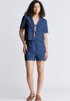 Dolly Women's Short-Sleeve Tie Front Crop Blouse, Navy - WT0104S
