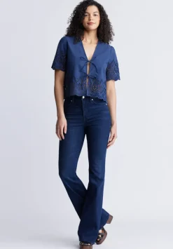 Dolly Women's Short-Sleeve Tie Front Crop Blouse, Navy - WT0104S