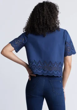 Dolly Women's Short-Sleeve Tie Front Crop Blouse, Navy - WT0104S